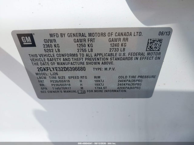 2013 Gmc Terrain Denali მანქანა იყიდება აუქციონზე, vin: 2GKFLYE32D6396680, აუქციონის ნომერი: 45854341