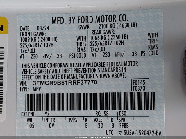 Продаж на аукціоні авто 2024 Ford Bronco Sport Big Bend, vin: 3FMCR9B61RRF37770, номер лоту: 45854363