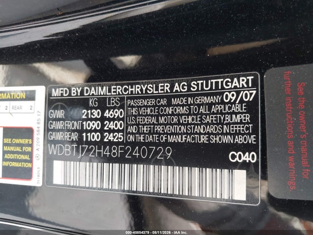 Aukcja sprzedaży 2008 Mercedes-benz Clk 550, vin: WDBTJ72H48F240729, numer aukcji: 45854379