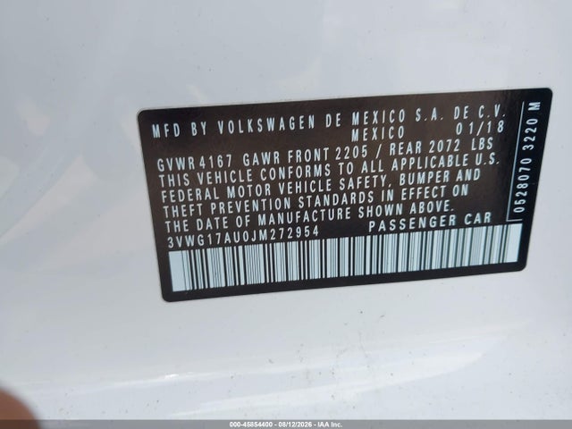 45854400 :رقم المزاد ، 3VWG17AU0JM272954 vin ، 2018 Volkswagen Golf Tsi S/tsi Se مزاد بيع
