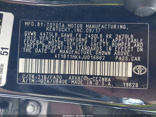 Aukcja sprzedaży 2018 Toyota Camry Le, vin: 4T1B11HK4JU016662, numer aukcji: 45854412