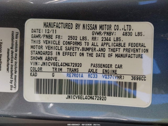 Aukcja sprzedaży 2012 Infiniti G37x, vin: JN1CV6EL4CM472920, numer aukcji: 45854421