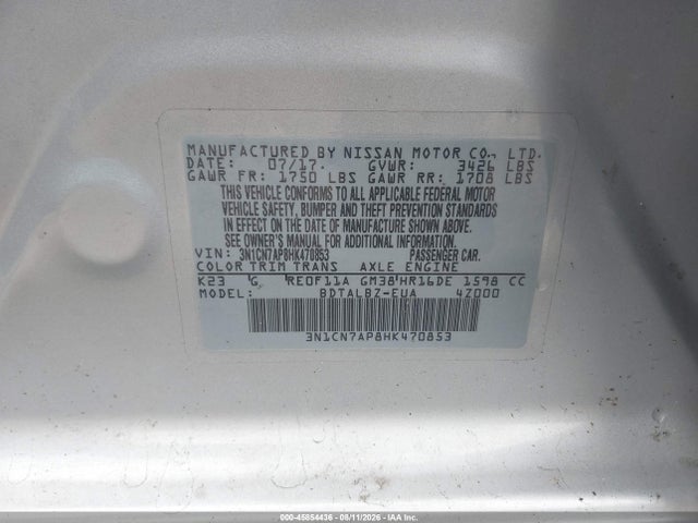 Продажа на аукционе авто 2017 Nissan Versa 1.6 Sv, vin: 3N1CN7AP8HK470853, номер лота: 45854436