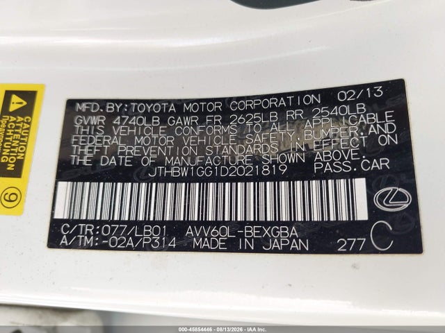 45854446 :رقم المزاد ، JTHBW1GG1D2021819 vin ، 2013 Lexus Es 300h مزاد بيع