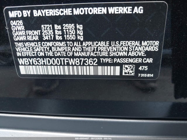 2026 Bmw I4 Gran Coupe Edrive40 მანქანა იყიდება აუქციონზე, vin: WBY63HD00TFW87362, აუქციონის ნომერი: 45854457