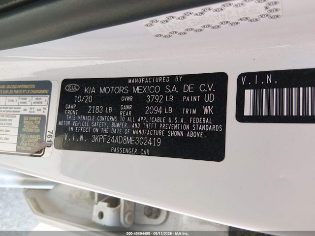 Aukcja sprzedaży 2021 Kia Forte Lxs, vin: 3KPF24AD8ME302419, numer aukcji: 45854459
