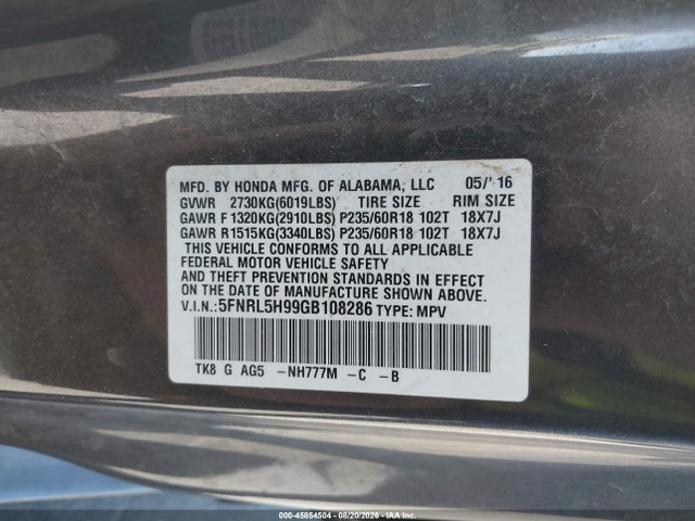 Aukcja sprzedaży 2016 Honda Odyssey Touring/touring Elite, vin: 5FNRL5H99GB108286, numer aukcji: 45854504
