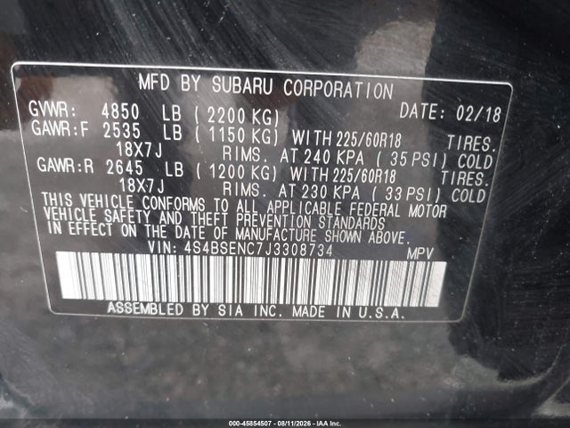 45854507 :رقم المزاد ، 4S4BSENC7J3308734 vin ، 2018 Subaru Outback 3.6r Limited مزاد بيع