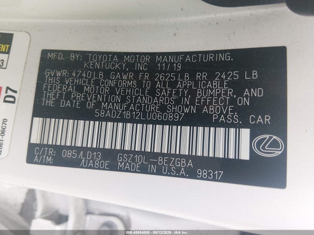 Продажа на аукционе авто 2020 Lexus Es 350, vin: 58ADZ1B12LU060897, номер лота: 45854508