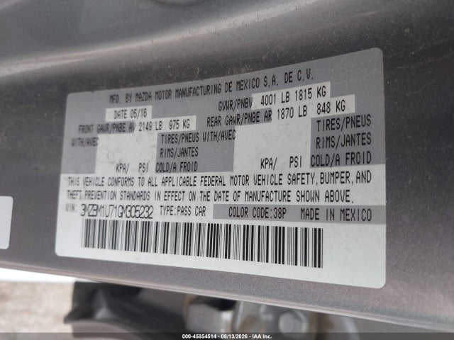 Aukcja sprzedaży 2016 Mazda Mazda3 I Sport, vin: 3MZBM1U71GM305232, numer aukcji: 45854514
