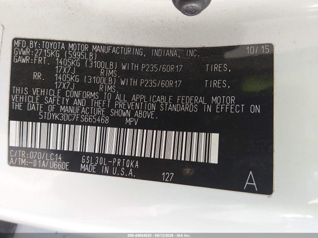 Aukcja sprzedaży 2015 Toyota Sienna Xle Premium 8 Passenger, vin: 5TDYK3DC7FS665468, numer aukcji: 45854520