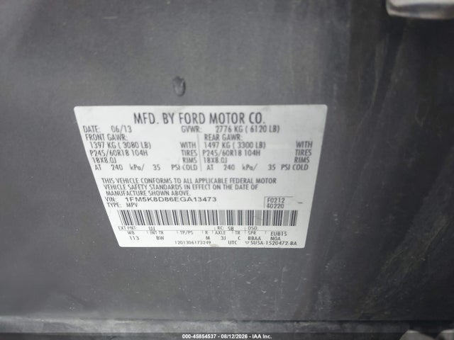 45854537 :رقم المزاد ، 1FM5K8D86EGA13473 vin ، 2014 Ford Explorer Xlt مزاد بيع