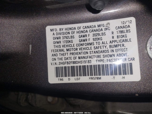 45854540 :رقم المزاد ، 2HGFB2F88DH519183 vin ، 2013 Honda Civic Ex مزاد بيع