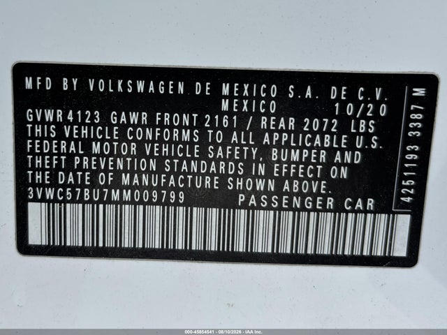 2021 Volkswagen Jetta მანქანა იყიდება აუქციონზე, vin: 3Vwc57bu7mm009799, აუქციონის ნომერი: 45854541