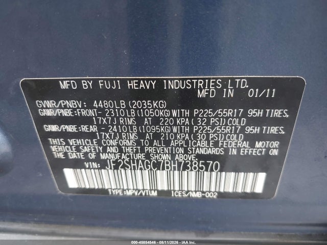2011 Subaru Forester 2.5x Touring მანქანა იყიდება აუქციონზე, vin: JF2SHAGC7BH738570, აუქციონის ნომერი: 45854546