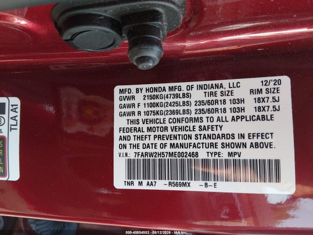 2021 Honda Cr-v Awd Ex მანქანა იყიდება აუქციონზე, vin: 7FARW2H57ME002468, აუქციონის ნომერი: 45854553