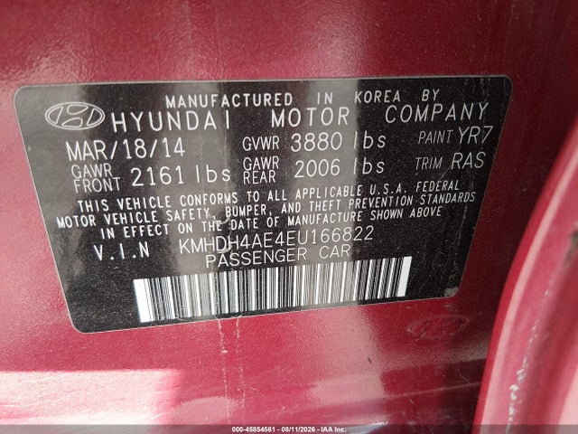 2014 Hyundai Elantra Se მანქანა იყიდება აუქციონზე, vin: KMHDH4AE4EU166822, აუქციონის ნომერი: 45854561