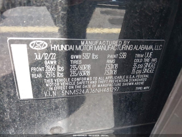 Продаж на аукціоні авто 2022 Hyundai Santa Fe Sel, vin: 5NMS24AJ6NH481297, номер лоту: 45854625