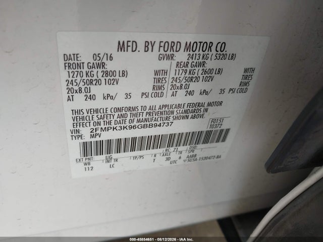 2016 Ford Edge Titanium მანქანა იყიდება აუქციონზე, vin: 2FMPK3K96GBB94737, აუქციონის ნომერი: 45854651