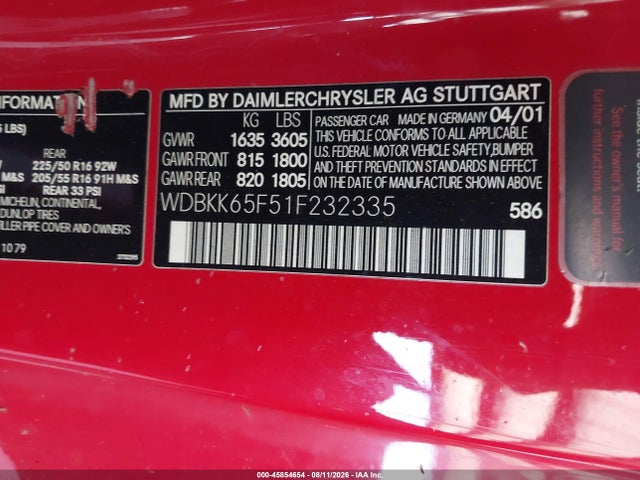 Продаж на аукціоні авто 2001 Mercedes-benz Slk 320, vin: WDBKK65F51F232335, номер лоту: 45854654
