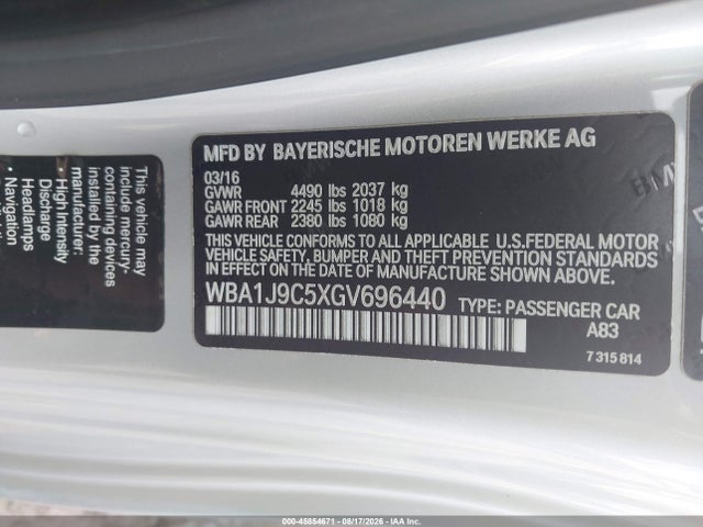 45854671 :رقم المزاد ، WBA1J9C5XGV696440 vin ، 2016 Bmw M235i Xdrive مزاد بيع