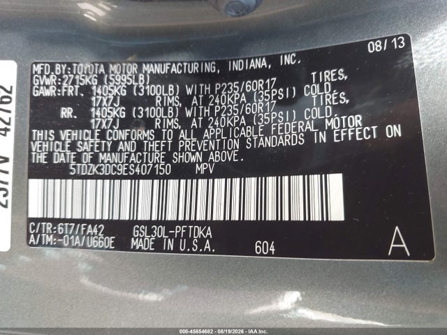 5TDZK3DC9ES407150 Toyota Sienna L V6 7 Passenger