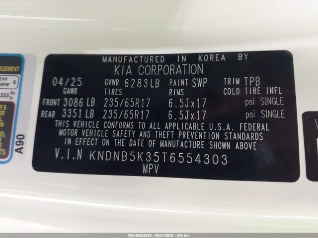 45854689 :رقم المزاد ، KNDNB5K35T6554303 vin ، 2026 Kia Carnival Mpv Lxs مزاد بيع