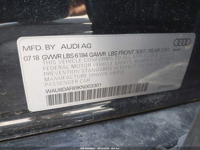 Aukcja sprzedaży 2019 Audi A8 L 55, vin: WAU8DAF89KN003301, numer aukcji: 45854697