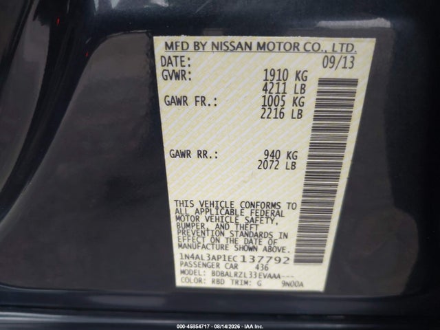 Auction sale of the 2014 Nissan Altima 2.5 S, vin: 1N4AL3AP1EC137792, lot number: 45854717