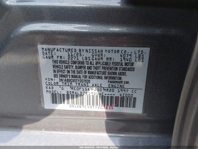 45854726 :رقم المزاد ، 3N1AB9CV0TY207835 vin ، 2026 Nissan Sentra Sv مزاد بيع