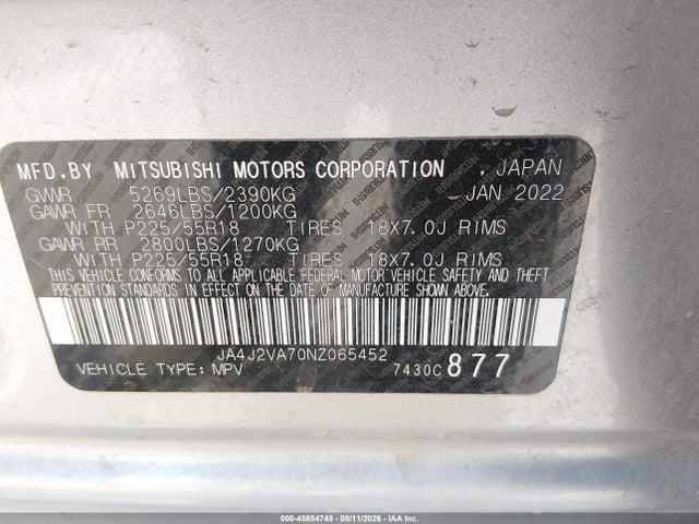 Aukcja sprzedaży 2022 Mitsubishi Outlander Phev Gt S-awc/le S-awc/sel S-awc, vin: JA4J2VA70NZ065452, numer aukcji: 45854748
