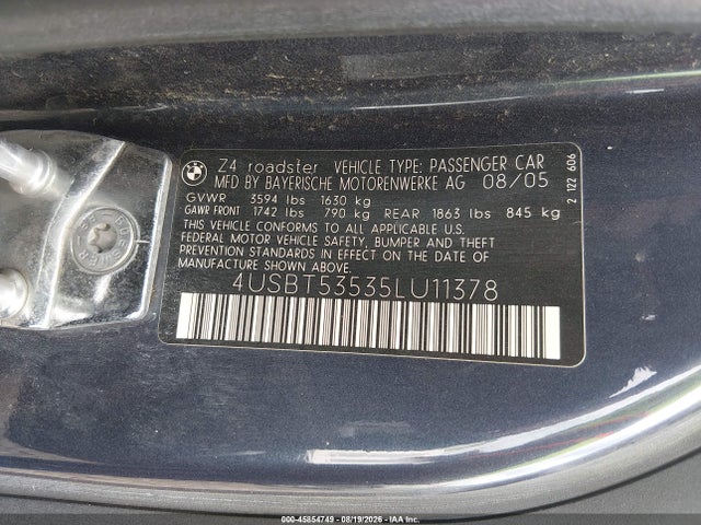 45854749 :رقم المزاد ، 4USBT53535LU11378 vin ، 2005 Bmw Z4 3.0i مزاد بيع