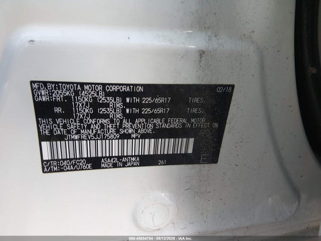 45854754 :رقم المزاد ، JTMWFREV5JJ175809 vin ، 2018 Toyota Rav4 Xle مزاد بيع