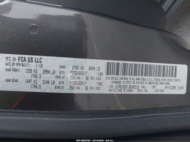 45854763 :رقم المزاد ، 2C4RDGBG7JR202310 vin ، 2018 Dodge Grand Caravan Se Plus مزاد بيع