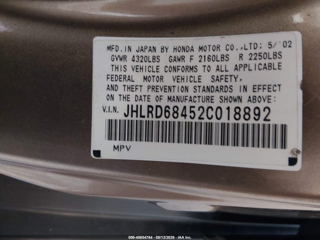 Auction sale of the 2002 Honda Cr-v Lx, vin: JHLRD68452C018892, lot number: 45854764