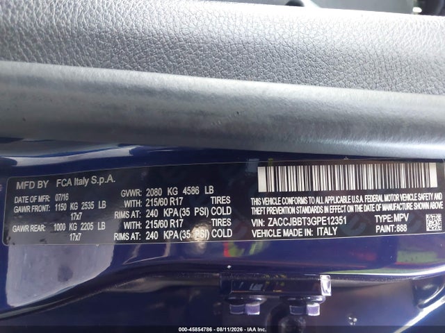 Aukcja sprzedaży 2016 Jeep Renegade Latitude, vin: ZACCJBBT3GPE12351, numer aukcji: 45854786