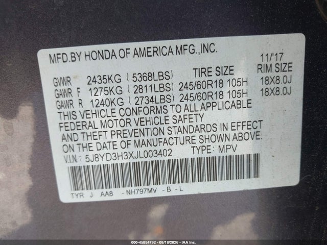 Aukcja sprzedaży 2018 Acura Mdx, vin: 5J8YD3H3XJL003402, numer aukcji: 45854792
