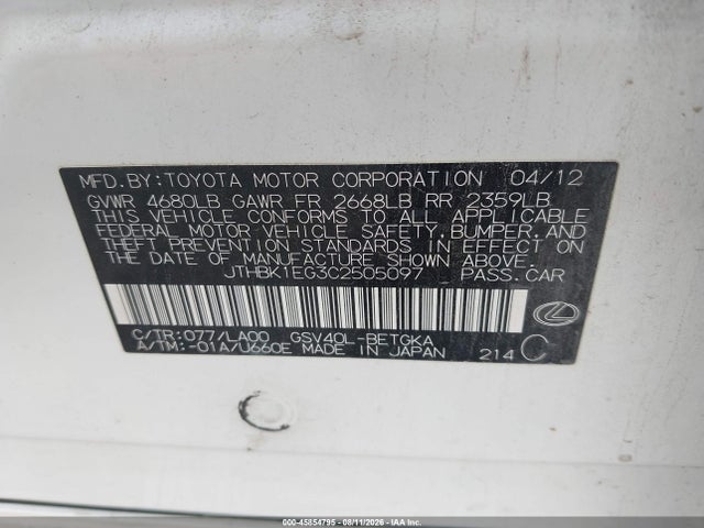 Продажа на аукционе авто 2012 Lexus Es 350, vin: JTHBK1EG3C2505097, номер лота: 45854795