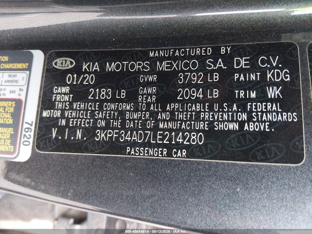 2020 Kia Forte Gt-line მანქანა იყიდება აუქციონზე, vin: 3KPF34AD7LE214280, აუქციონის ნომერი: 45854814