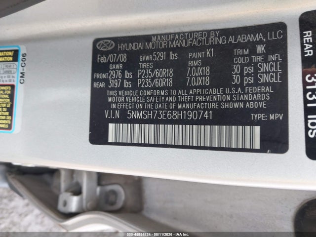 Продажа на аукционе авто 2008 Hyundai Santa Fe Limited/se, vin: 5NMSH73E68H190741, номер лота: 45854824