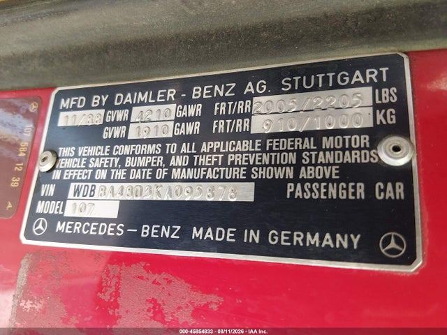 1989 Mercedes-benz 560 Sl მანქანა იყიდება აუქციონზე, vin: WDBBA48D3KA095878, აუქციონის ნომერი: 45854833