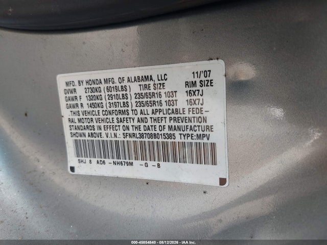 Auction sale of the 2008 Honda Odyssey Ex-l, vin: 5FNRL38708B015385, lot number: 45854840