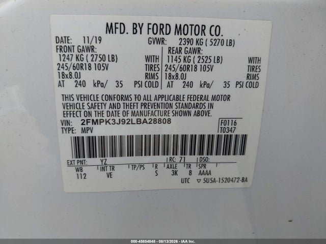 Aukcja sprzedaży 2020 Ford Edge Sel, vin: 2FMPK3J92LBA28808, numer aukcji: 45854848