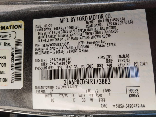 Aukcja sprzedaży 2020 Ford Fusion Sel, vin: 3FA6P0CD5LR173883, numer aukcji: 45854858