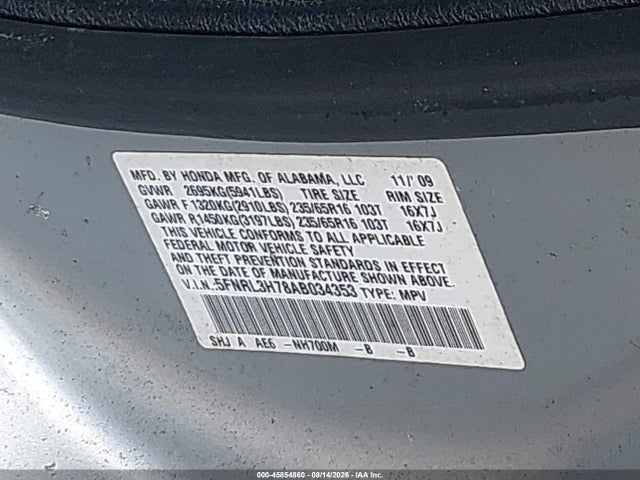Aukcja sprzedaży 2010 Honda Odyssey Ex-l, vin: 5FNRL3H78AB034353, numer aukcji: 45854860