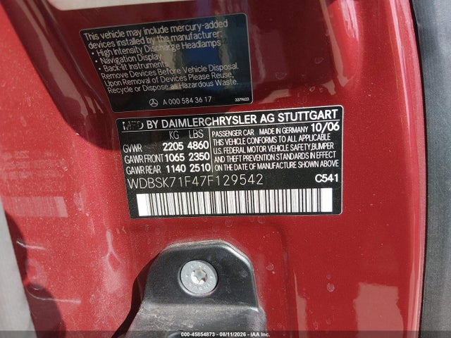 Aukcja sprzedaży 2007 Mercedes-benz Sl 550, vin: WDBSK71F47F129542, numer aukcji: 45854873