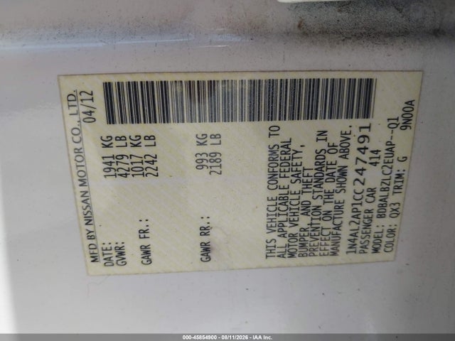 2012 Nissan Altima 2.5 S მანქანა იყიდება აუქციონზე, vin: 1N4AL2AP1CC247491, აუქციონის ნომერი: 45854900