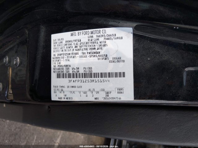 Aukcja sprzedaży 2003 Ford Focus Zx3, vin: 3FAFP31Z53R151544, numer aukcji: 45854903