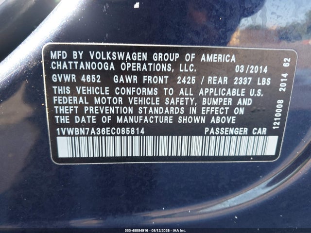 Продаж на аукціоні авто 2014 Volkswagen Passat 2.0l Tdi Se, vin: 1VWBN7A36EC085814, номер лоту: 45854916