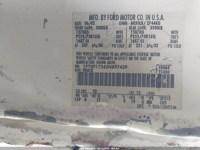 45854929 :رقم المزاد ، 1FTRF17242NB97439 vin ، 2002 Ford F-150 Xl/xlt مزاد بيع